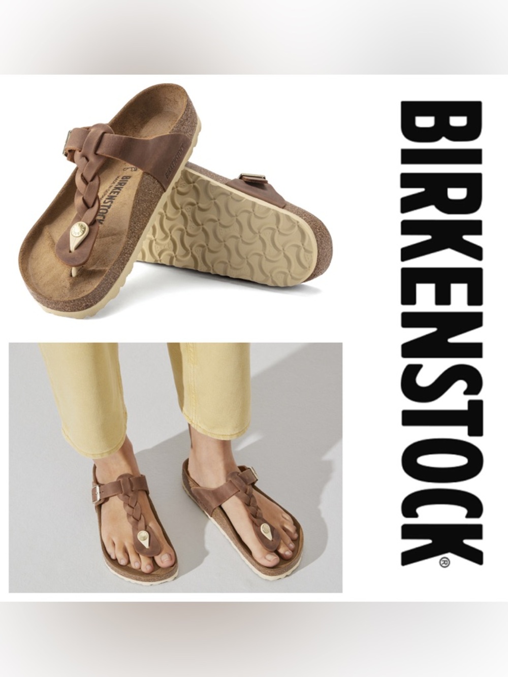 NWOB Birkenstock Gizeh Oiled Leather in Cognac Braided Leather